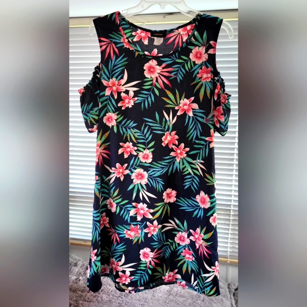 Beautiful Espresso cold shoulder Summer Navy  floral print dress 👗 size L